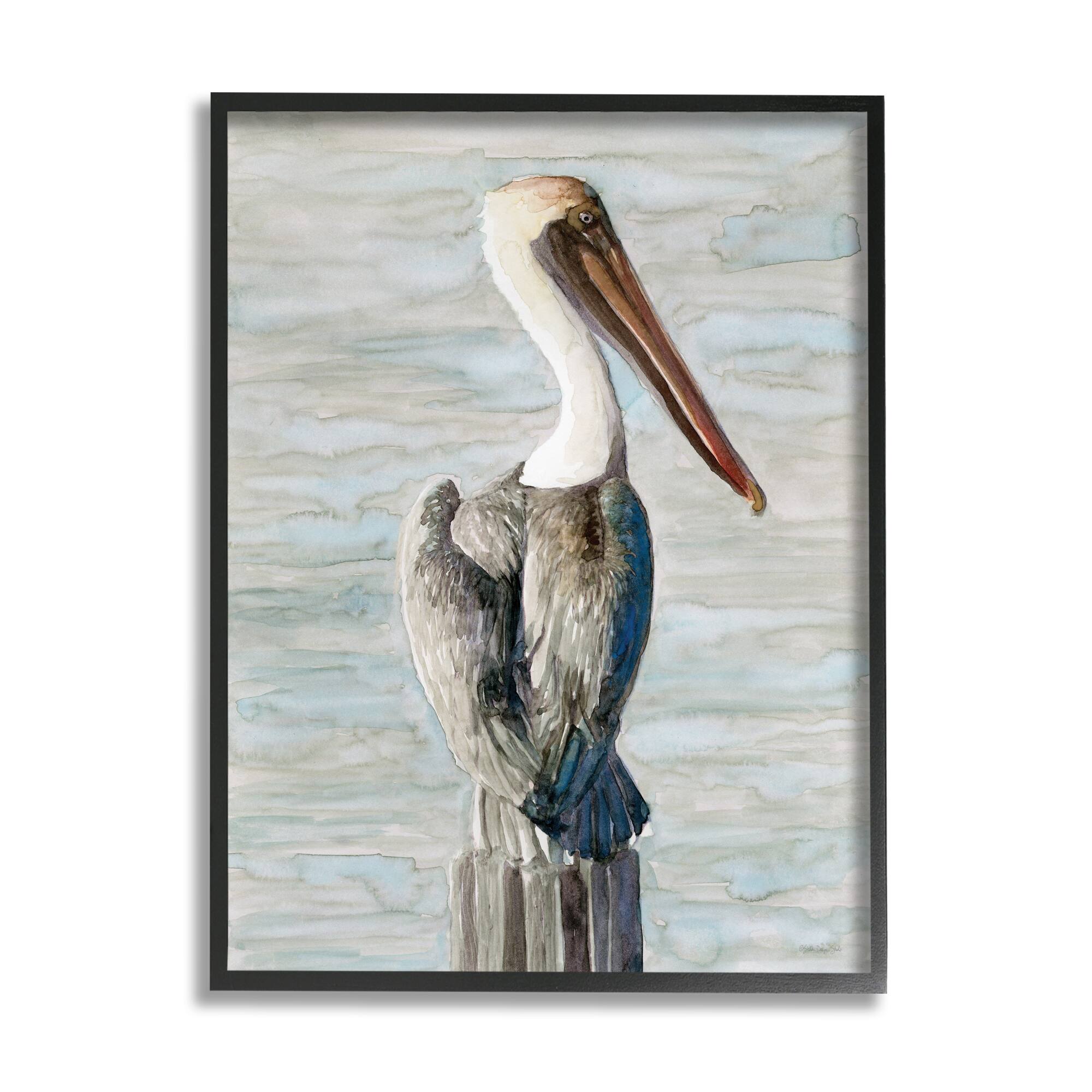 Stupell Industries Long Beak Pelican Watercolor Painting Coastal Waterfowl Bird Framed Wall Art